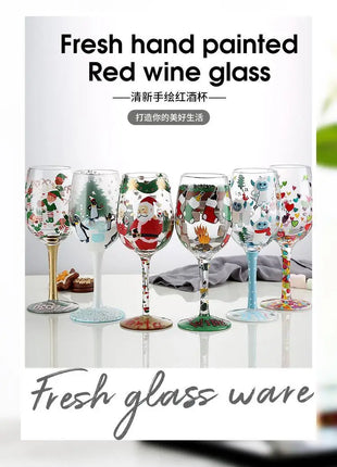 Bicchiere da vino con stampa natalizia Decorazioni natalizie Calice da vino rosso Disegno creativo a mano dipinto Home Party Festival Tazze Bar Set da vino - riparo82