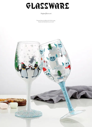 Bicchiere da vino con stampa natalizia Decorazioni natalizie Calice da vino rosso Disegno creativo a mano dipinto Home Party Festival Tazze Bar Set da vino - riparo82