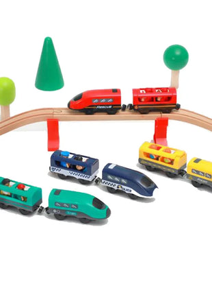 Set di treni elettrici Giocattoli Modello di treno Auto elettrica adatta per ferrovia in legno Pista del treno in legno Regalo di Natale per bambini