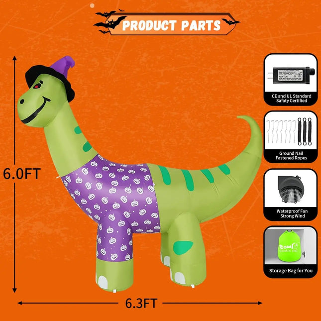 COMIN 6 FT Tall Halloween Dinosaur Skeleton Inflatable for Outdoor Party Decorations LED Yard Garden Blow-Down Lawn Decor
