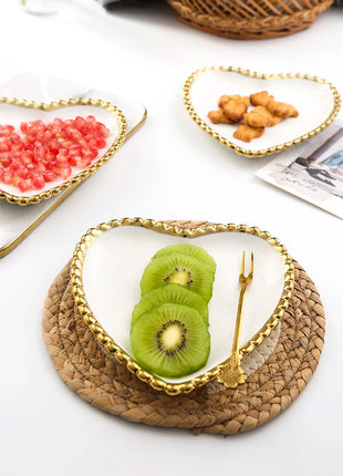 Nuovo piatto in ceramica con bordo dorato nordico, piatto in ceramica, leggero, di lusso, per riporre gioielli, piatto per torta, piatto per colazione a casa, a forma di cuore - riparo82