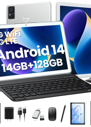 Tablet 2025 Android 14 Tablet with Keyboard 14GB+128GB+1TB Expand 4G Cellular Tablets with Dual Sim Slot10.1 Inch Octa-Core 2-in-1 Tablets with Incell Screen5G Wifi7000 mAhFace UnlockMouseCase - Riparo82