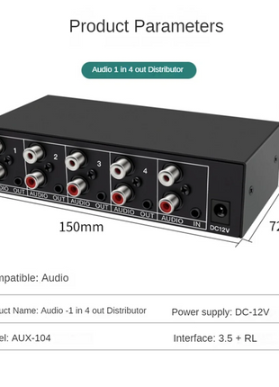 L-Latest Audio Splitter 1 in 4 Out RCA L/R Aux Stereo Audio Splitter 1X4 Audio Distributor for PC DVD Speaker Splitte, US Plug - Riparo82