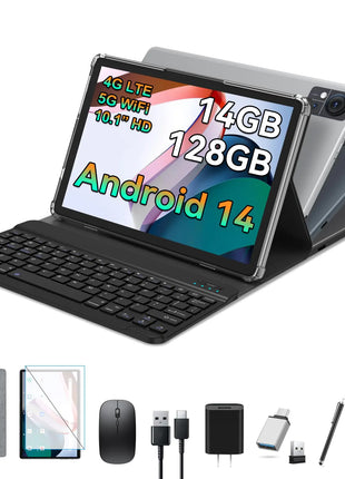 Android 14 Tablet 10.1 Inch Incell Large Screen 2025 Latest 4G Cellular Tablet with Keyboard 14GB RAM(8+6 Virtual)+128GB ROM+1TB 2 in 1 Octa-Core Tablet 5G WIFI 7000mAh Battery Bluetooth/Mouse/Case - Riparo82