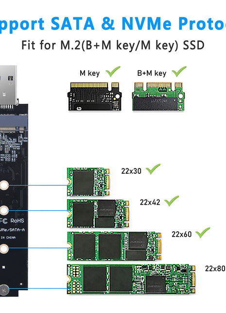 M.2 SSD SATA/NVMe To USB 3.1 Adapter B+M Key/M Key M2 To USB 3.1 SSD Riser Card Board External Enclosure Hard Disk Box Adapter - Riparo82