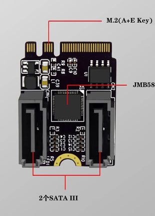 M2(A+E Key) to Dual Port SATA3.0 Expansion Card PCle 3.0 KEY A+E WIFI M.2 to SATA for NGFF 2230 SSD Adapter Card for PC Computer - Riparo82