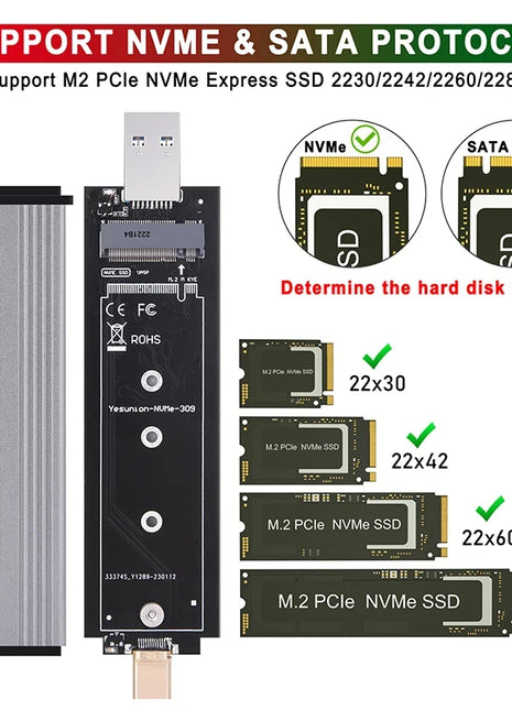 M2 SSD Case Dual Protocols M.2 NVME NGFF SATA Enclosure USB 3.2 Type C SSD Adapter 10Gbps To NVMe SATA External Hard Disk Box - Riparo82