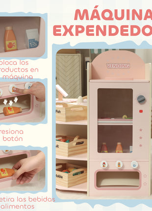 Aiyaplay Supermercato giocattolo in legno con distributore automatico registratore di cassa 3 ripiani aperti 4 scomparti Rosa - riparo82