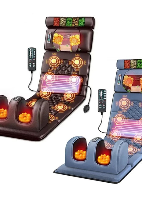 Person relaxing on heated massage cushion on bed
