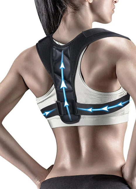 Person wearing back posture corrector in black