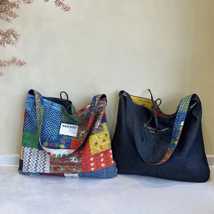 Reversible Denim Canvas Tote SpringSummer Style - Riparo82