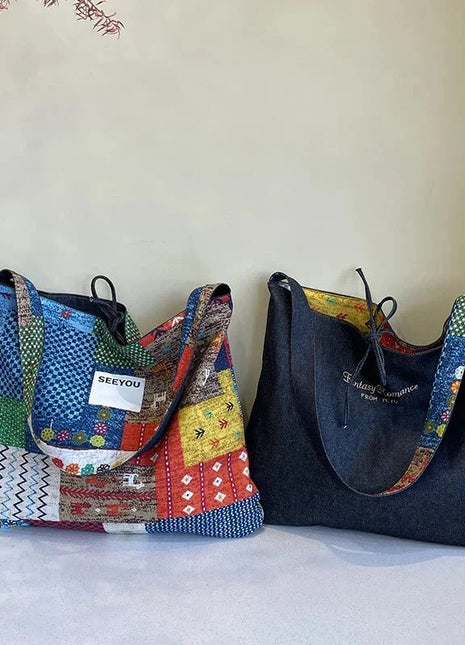 Reversible Denim Canvas Tote SpringSummer Style - Riparo82