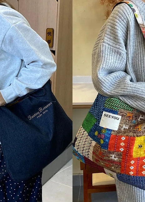 Reversible Denim Canvas Tote SpringSummer Style - Riparo82