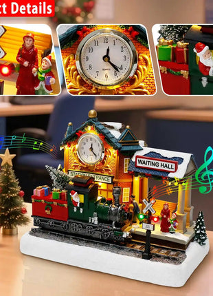 Scena animata del villaggio di Natale con treno e orologio in movimento Luci a LED Musica e stazione ferroviaria Decorazione per interni per edifici natalizi - riparo82
