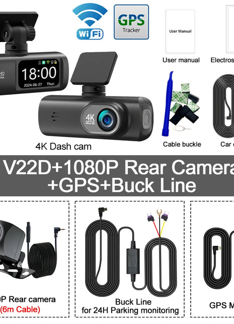 Dash Cam 4K UHD for Car Camera Front Rear Dual Lens With GPS WiFi 24h Parking Mode Night Vision Car DVR Video Registrator - Riparo82