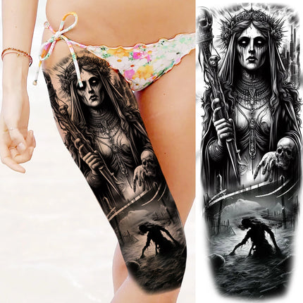 1 Sheet Full Arm Evil Witch Vampire Temporary Tattoos Sleeve Halloween Scary Skull Tatoo Waterproof Horrible Fake Tattoo Sticker