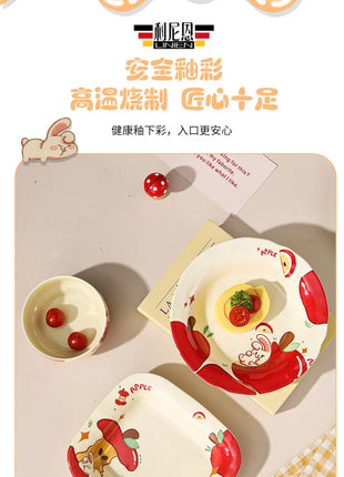 Set di stoviglie natalizie in ceramica, design simpatico cartone animato con mela, piatti da cena occidentali a tema festa, per piatti da dessert per torte, decorazioni per la casa - riparo82