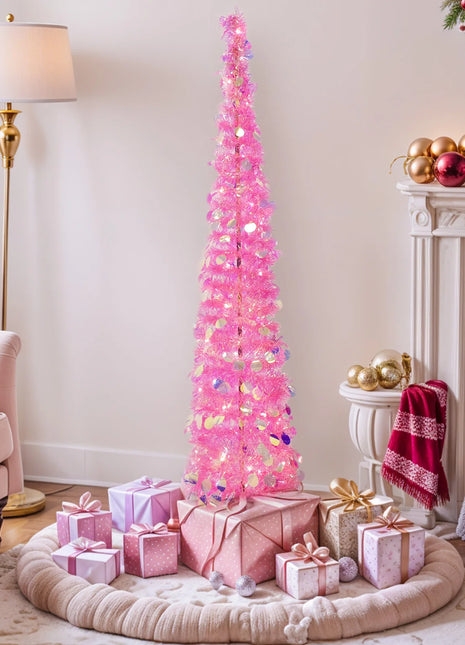 OurWarm Albero di Natale pop-up rosa da 5 piedi con 60 LED, albero di Natale pieghevole con orpelli con paillettes, per decorazioni per feste
