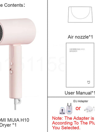 XIAOMI MIJIA H101 Portable Hair Dryer – 1600W,Foldable,50M Negative Ions,15m/s Airflow,Dual Heat & Speed Modes,220V With adapter - Riparo82