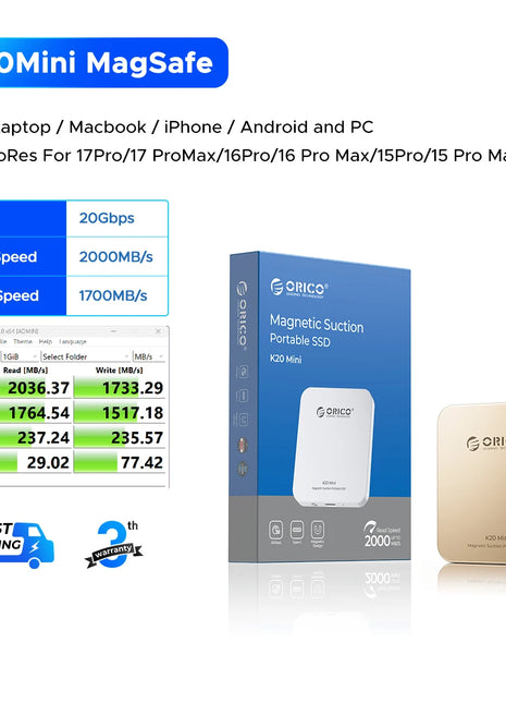 ORICO Mini SSD esterno magnetico per iPhone 16 15 Pro/Max ProRes 2000 MB/s 4K ProRes HDR Registra e memorizza Stato solido portatile