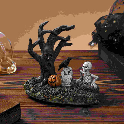 Halloween Figurines Tree Skull Pumpkin Crow Tombstone Figurine Resin Gothic Statue Ornaments Decor for Indoor Home Bookshelf