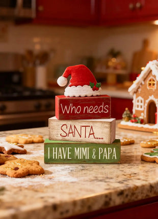 4 pezzi di cappello da Babbo Natale in legno, decorazioni da tavolo, vassoi a più livelli, decorazioni rustiche per il centro del tavolo di Natale con cartelli a blocchi, decorazioni natalizie - riparo82