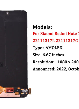 Nota 12 4G Per Xiaomi Redmi Nota 12 4G 22111317I Display LCD Touch Screen Digitizer Pannello di Montaggio Per Redmi Nota 12 5G LCD - riparo82