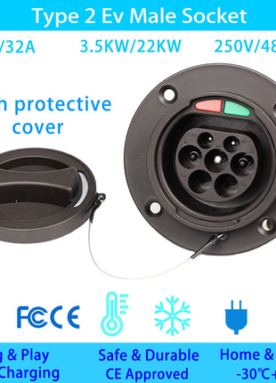 Type2 EV Socket 16A/32A 250V/480V electric vehicle Charging socket With protective cover for IEC 62196 Charger type2 Socket - Riparo82