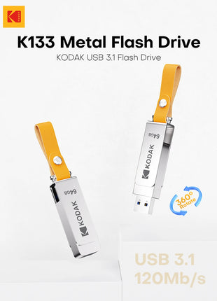 Kodak K133 Chiavetta USB 3.1 64 GB 128 GB 256 GB 512 GB Velocità di lettura 120 MB/s Corpo in metallo Fascia in pelle USB3.1 Pen Drive per PC e HD-TV