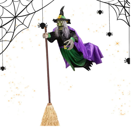 Halloween Props Hovering Witch Lights Prop Fun Costumes Flying Scary Witch Broom Wizard Decor for Garden Yard Lawn Indoor