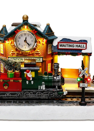 Scena animata del villaggio di Natale con treno e orologio in movimento Luci a LED Musica e stazione ferroviaria Decorazione per interni per edifici natalizi - riparo82