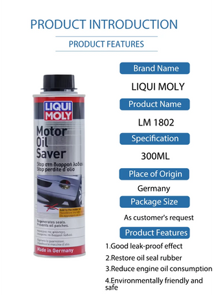 Liqui Moly Risparmio olio motore 300ML Il guarnizione motore riduce il rumore del motore Riduce il consumo dell'olio motore Ottimizza le emissioni