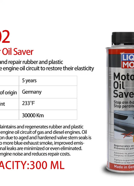 Liqui Moly Risparmio olio motore 300ML Il guarnizione motore riduce il rumore del motore Riduce il consumo dell'olio motore Ottimizza le emissioni