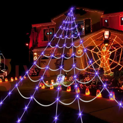 Practical 8 Modes Halloween Spider Web Lights Glow 250 LEDs LED Spider Net Hanging 5m Scary Giant Spider Haunted House
