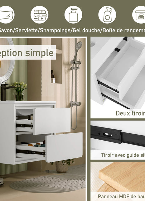 Mobile da Bagno a Parete 60x46x50cm, 2 Cassetti, Dotato di Lavabo in Ceramica Integrato, Verniciatura Completa, Illuminazione LED con Sensore Radar