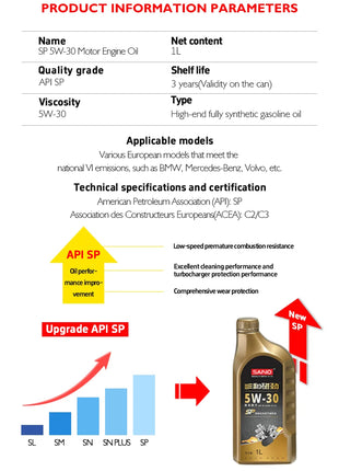 Olio motore SANVO 5w30 C2/C3 1L completamente sintetico per sistema europeo di fascia alta