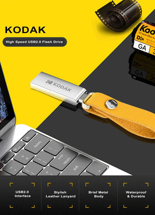 KODAK USB 2.0 Flash Drive 128GB 64GB 32GB Pen Drive impermeabile Mini Memory Stick in pelle metallo U Disk
