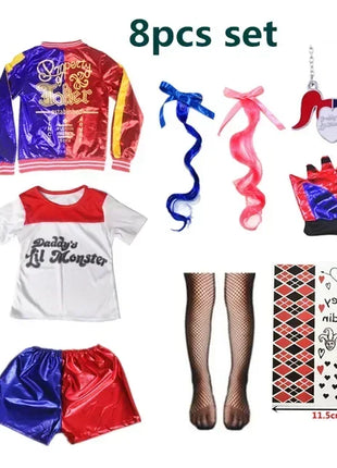 Natale Capodanno Carnevale Bambini Ragazze Suicide Harley Costumi Cosplay Squad Quinn Monster Joker Giacca Vestito adesivi per tatuaggi