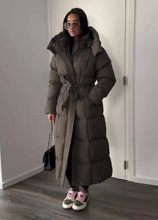 Cappotto lungo in cotone con cappuccio trapuntato imbottito da donna caldo Colletto alla coreana solido allentato Cappotti con cerniera con lacci 2025 Capispalla invernale da donna
