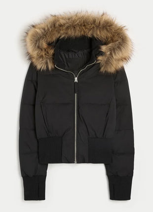 Giacca corta chic con tasca con cerniera a maniche lunghe Cappotto trapuntato con cappuccio in pelliccia sintetica da donna di moda 2025 Capispalla imbottito invernale New Lady