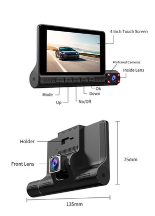 Dash Cam 4 Inch FHD 1080P touch Screen Car DVR 170 Degree Wide Angle 3Lens Video Recorder Night vision Reverse Rear View - Riparo82