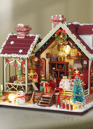 Fai da te in legno caldo Natale Lodge Casa Case delle bambole Kit modello in miniatura Casa delle bambole con mobili Luci a LED per regali di amici