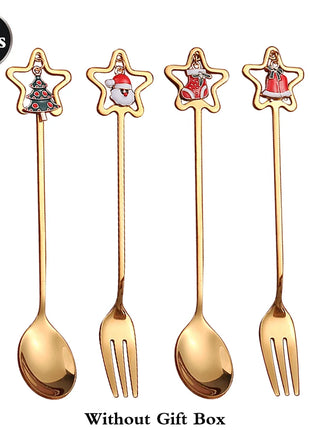 Cucchiaini da caffè e forchette per torte con decorazioni natalizie da 4 pezzi con ornamenti per bambole di Natale, set di posate in metallo dorato, forniture per feste - riparo82