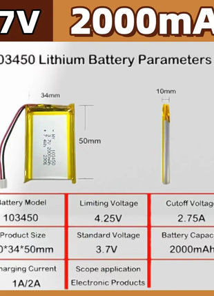 🐰 103450 3.7V 2000mAh Batteria ricaricabile ai polimeri di litio PH 2.0mm Spina a 2 pin per fotocamera Navigatore GPS Capacità MP5 - riparo82