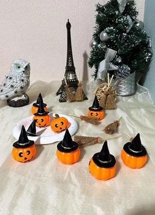 24 Pcs Halloween Mini Witch Hat & Broom Set  8 Witch Hats, 8 Brooms, 8 Pumpkin Heads - Halloween Party Favors, Decoration - Riparo82