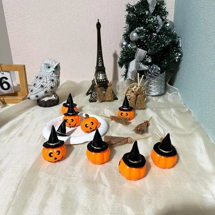 24 Pcs Halloween Mini Witch Hat & Broom Set  8 Witch Hats, 8 Brooms, 8 Pumpkin Heads - Halloween Party Favors, Decoration