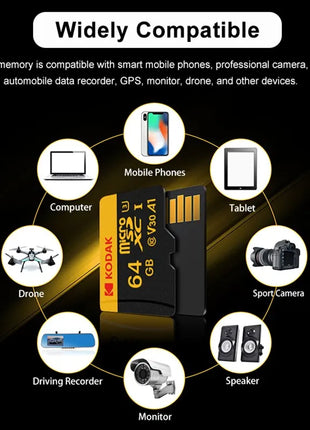 Scheda di memoria KODAK Micro SD 512GB 256GB FINO A 100 MB/s C10 U3 32GB 64GB 128GB Scheda TF 4K HD per adattatore lettore di schede USB Microsd