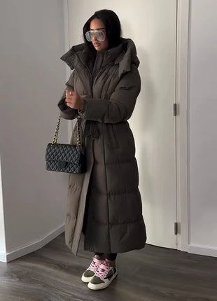 Cappotto lungo in cotone con cappuccio trapuntato imbottito da donna caldo Colletto alla coreana solido allentato Cappotti con cerniera con lacci 2025 Capispalla invernale da donna