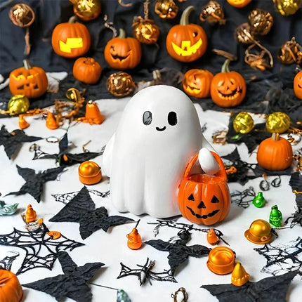 Halloween Desktop Ornament Figurine Ghost Holding Pumpkin Model Statue Tabletop Ornament for Halloween Party Home Decoration Toy