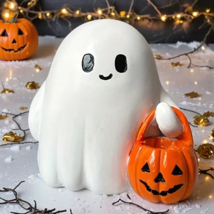 Halloween Desktop Ornament Figurine Ghost Holding Pumpkin Model Statue Tabletop Ornament for Halloween Party Home Decoration Toy